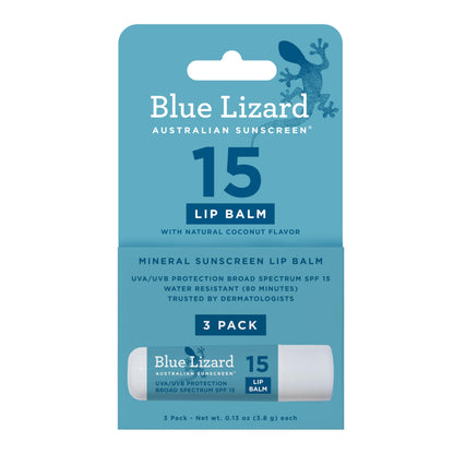 BLUE LIZARD Mineral SPF 15 Lip Balm, 3-Pack: Broad Spectrum Sun Protection, Natural Coconut Flavor, 8 Natural Oils BLUE LIZARD