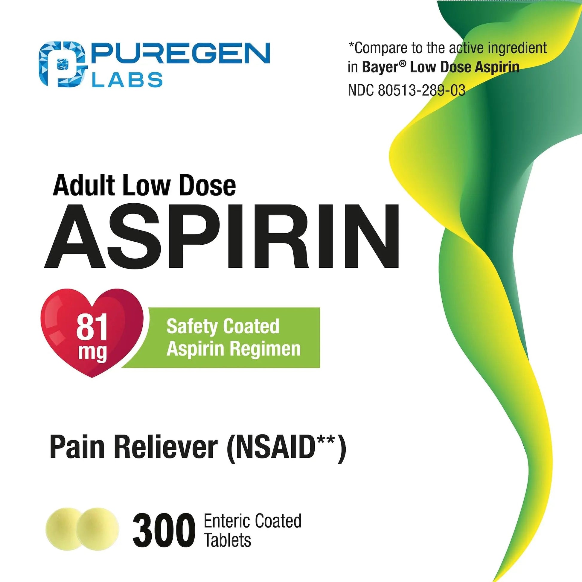 Puregen Labs Aspirin 81 mg Low Dose (NSAID) – 300 Enteric Coated Tablets P Puregen Labs buy australia supplements