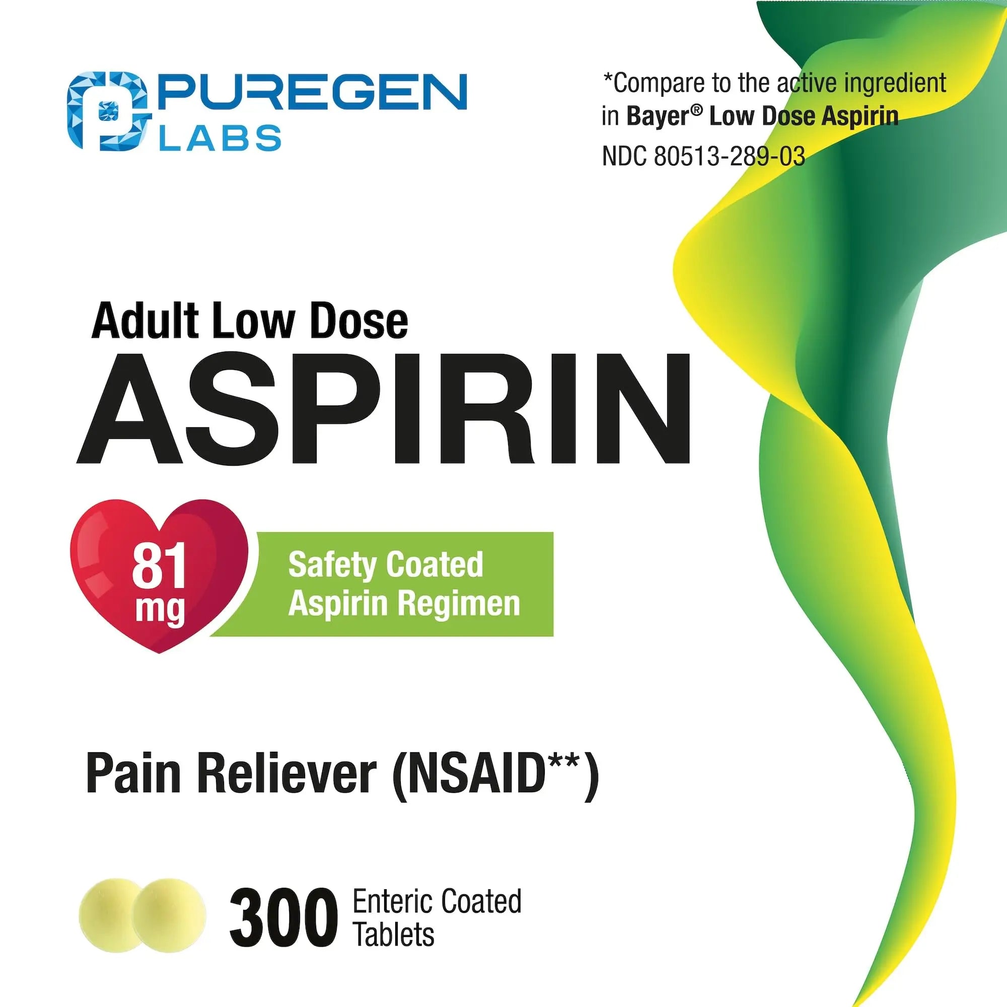 Puregen Labs Aspirin 81 mg Low Dose (NSAID) – 300 Enteric Coated Tablets P Puregen Labs buy australia supplements