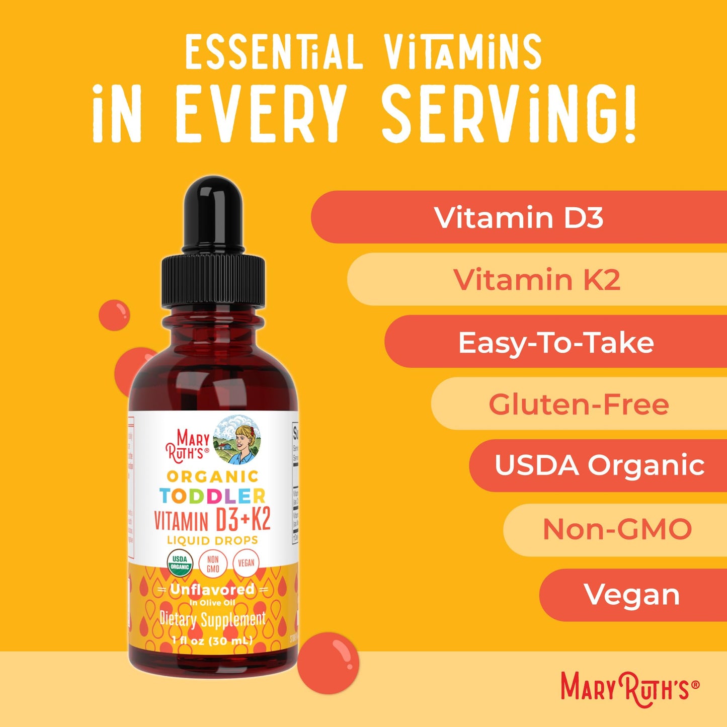 MARYRUTH'S Organics Vitamin D3 | Vitamin K2 | Vitamin D3 K2 Drops | K2 D3 Vitamin Liquid Supplement for Toddlers | Kids Supplement for Calcium Absorption MARYRUTH'S