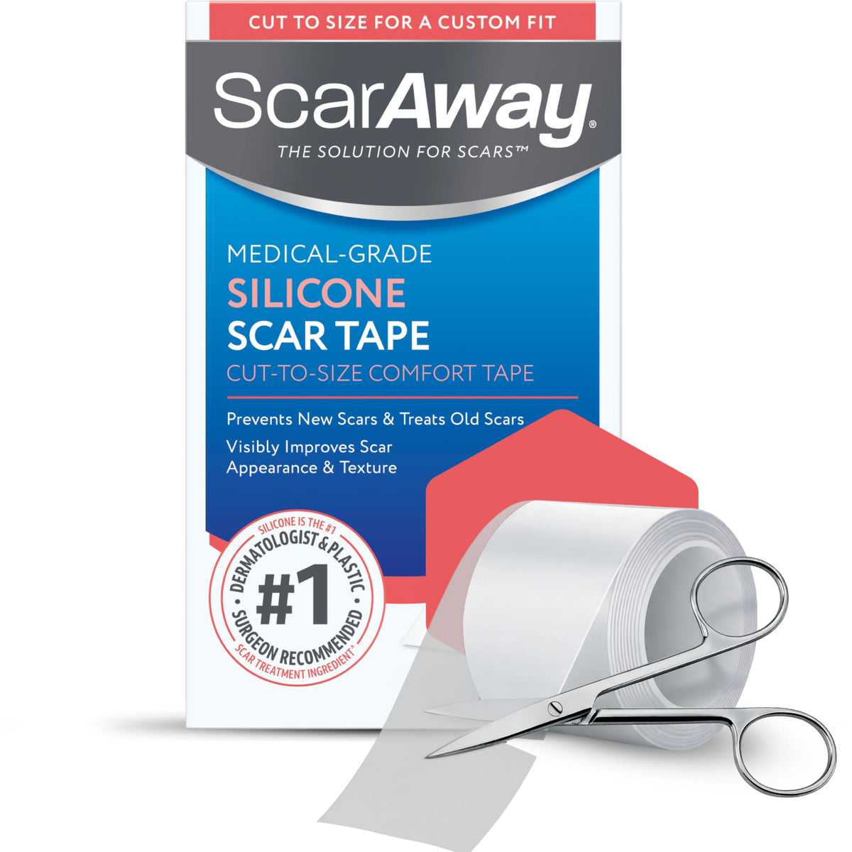 ScarAway Clear Silicone Scar Tape, Medical-Grade Cut-to-Size Silicone Strip for Surgery, Burn, Hypertrophic & Keloid Scars, Self-Adhesive, Water-Resistant, 60” x 1.6” Tape Roll ScarAway