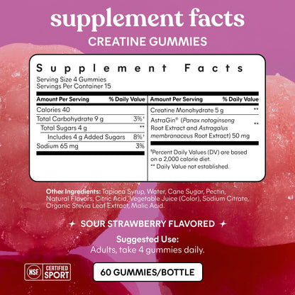 Lemme Creatine Monohydrate Gummies for Women and Men, 5g Dose to Support Lean Muscle, Strength, Recovery, Cognitive Health, w/Ginseng for Absorption, Sour Strawberry, NSF Certified, 60 Gummies