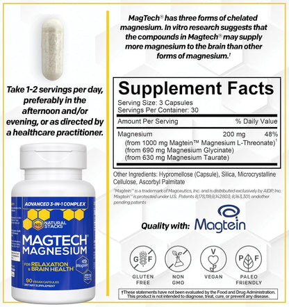Magtein Magnesium L-Threonate, Glycinate & Taurate – 200mg Chelated Magnesium Complex – MagTech Magnesium Supplement for Relaxation & Brain Health – 90 Capsules NATURAL STACKSBuy Supplements Australia