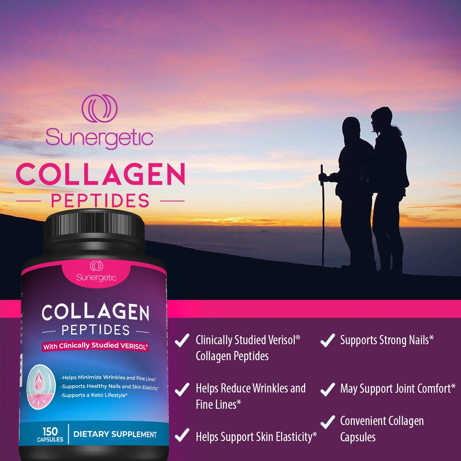 Sunergetic Premium Collagen Peptides Capsules – 2500 mg of VERISOL Collagen Peptides Type 1 & Type 3 – Multi Collagen Supplement to Support Joint Health, Hair, Skin & Nails – 150 Collagen Capsules Sunergetic buy australia supplements