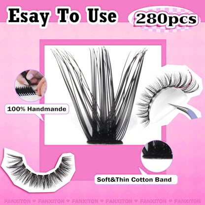 Cluster Lashes 280 pcs Lash Clusters D Volume Eyelashes Extensions 9-16 mm Mix 40D+50D Individual Lashes Thin Band Eyelashes Cluster for DIY Lash Extension Beginners (Lash Clusters) FANXITON