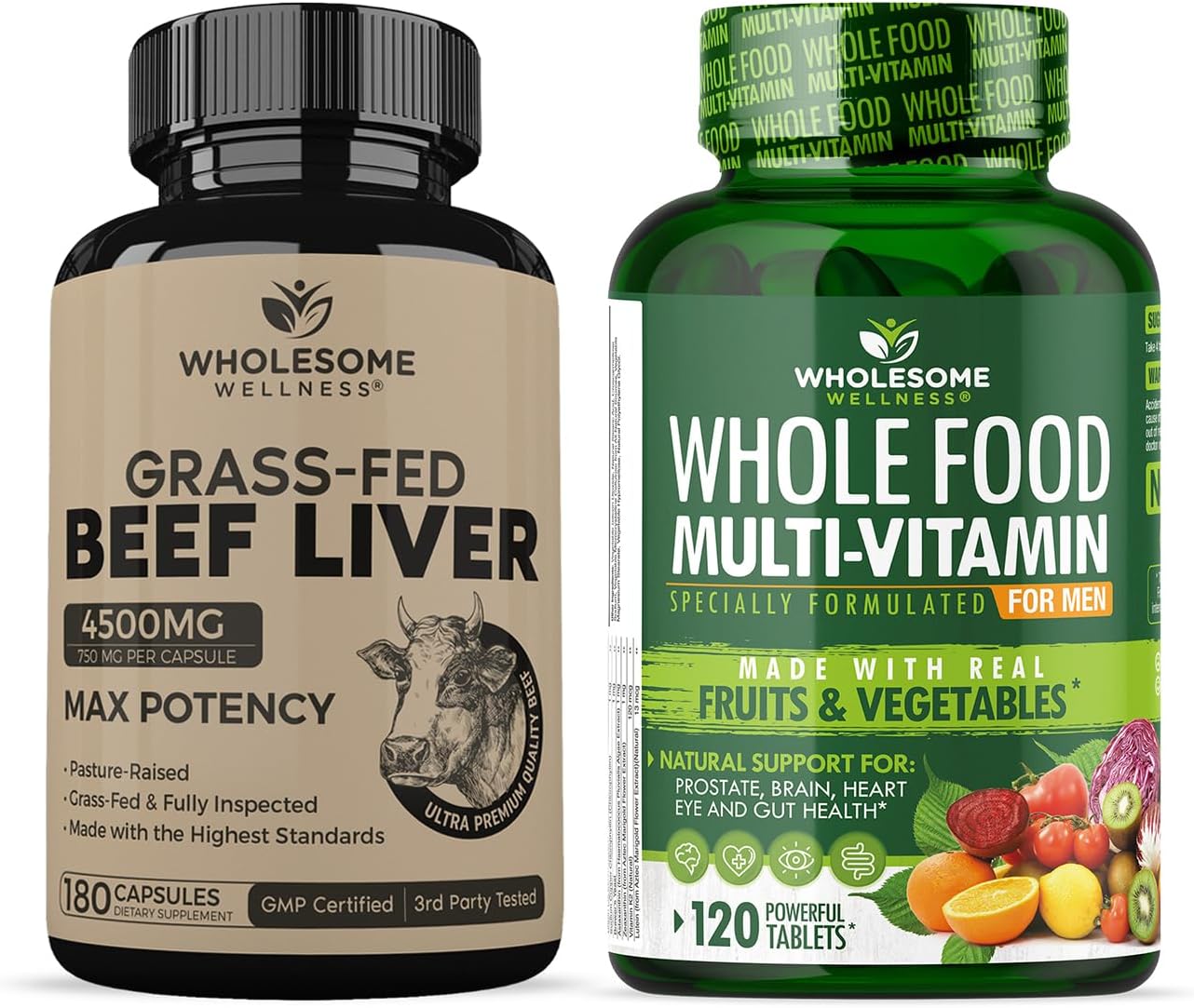 Grass Fed Desiccated Beef Liver Capsules (180 Pills, 750mg Each) + Whole Food Multivitamin for Men - Natural Multi Vitamins, Minerals, Organic Extracts Bundle Gsupps Australia