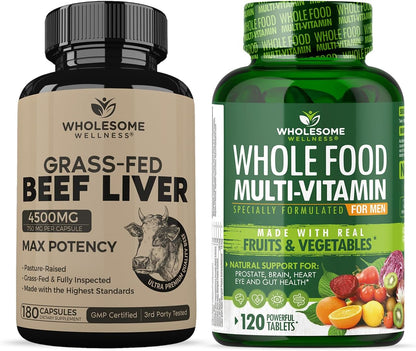 Grass Fed Desiccated Beef Liver Capsules (180 Pills, 750mg Each) + Whole Food Multivitamin for Men - Natural Multi Vitamins, Minerals, Organic Extracts Bundle Gsupps Australia