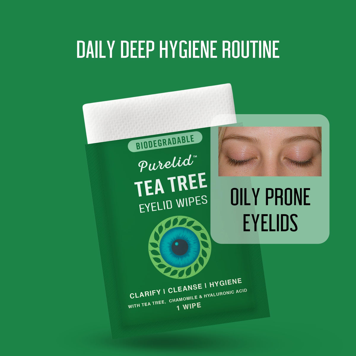 PURELID 100PCs Tea Tree Eyelid Wipes – Cleaning Eye Wipes for People with Dry Eyes & Allergies – Gentle Eyelid Cleanser with Hyaluronic Acid, Chamomile and Aloe – Individually Wrapped & Biodegradable PURELID