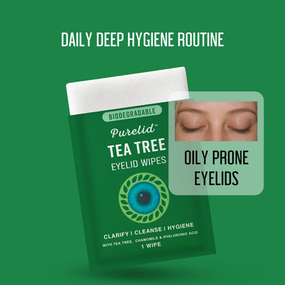 PURELID 100PCs Tea Tree Eyelid Wipes – Cleaning Eye Wipes for People with Dry Eyes & Allergies – Gentle Eyelid Cleanser with Hyaluronic Acid, Chamomile and Aloe – Individually Wrapped & Biodegradable PURELID