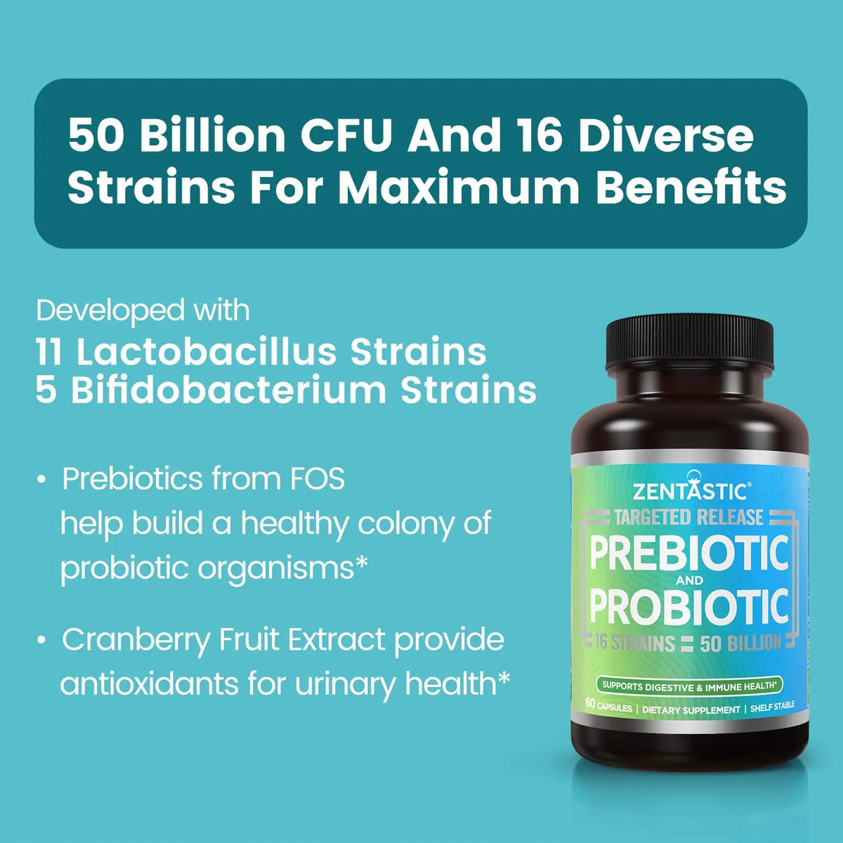 Zentastic Probiotics & Prebiotics Supplement - 50 Billion CFU - for Men & Women’s Immune & Digestive Health - 16 Strains - Shelf Stable Zentastic