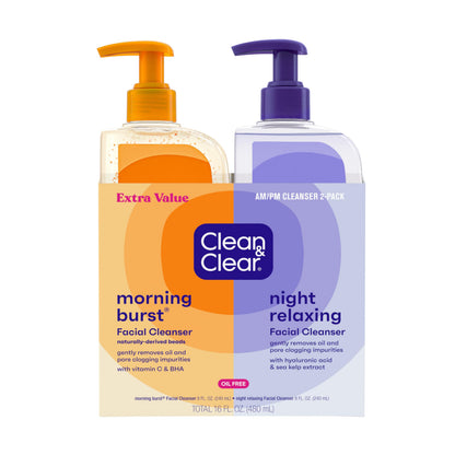 Clean & Clear 2-Pack Oil-Free Facial Cleansers with Citrus Scent, Morning Burst and Night Relaxing, 16 oz Clean & Clear