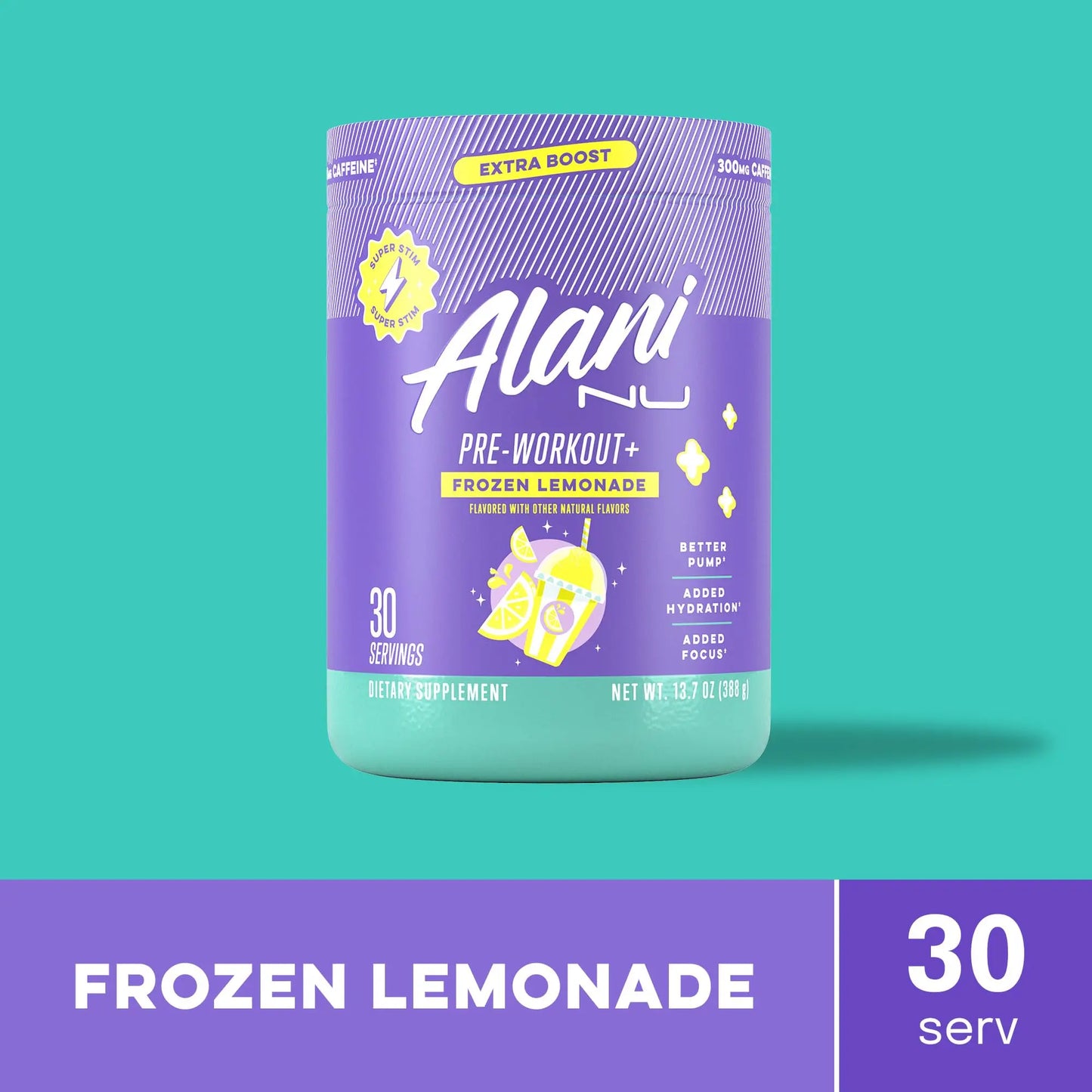Alani Nu Pre Workout+ Powder Frozen Lemonade, Extra Boost, Sugar Free, 300mg Caffeine, L-Theanine, Beta-Alanine, Citrulline, 30 Servings Alani Nu