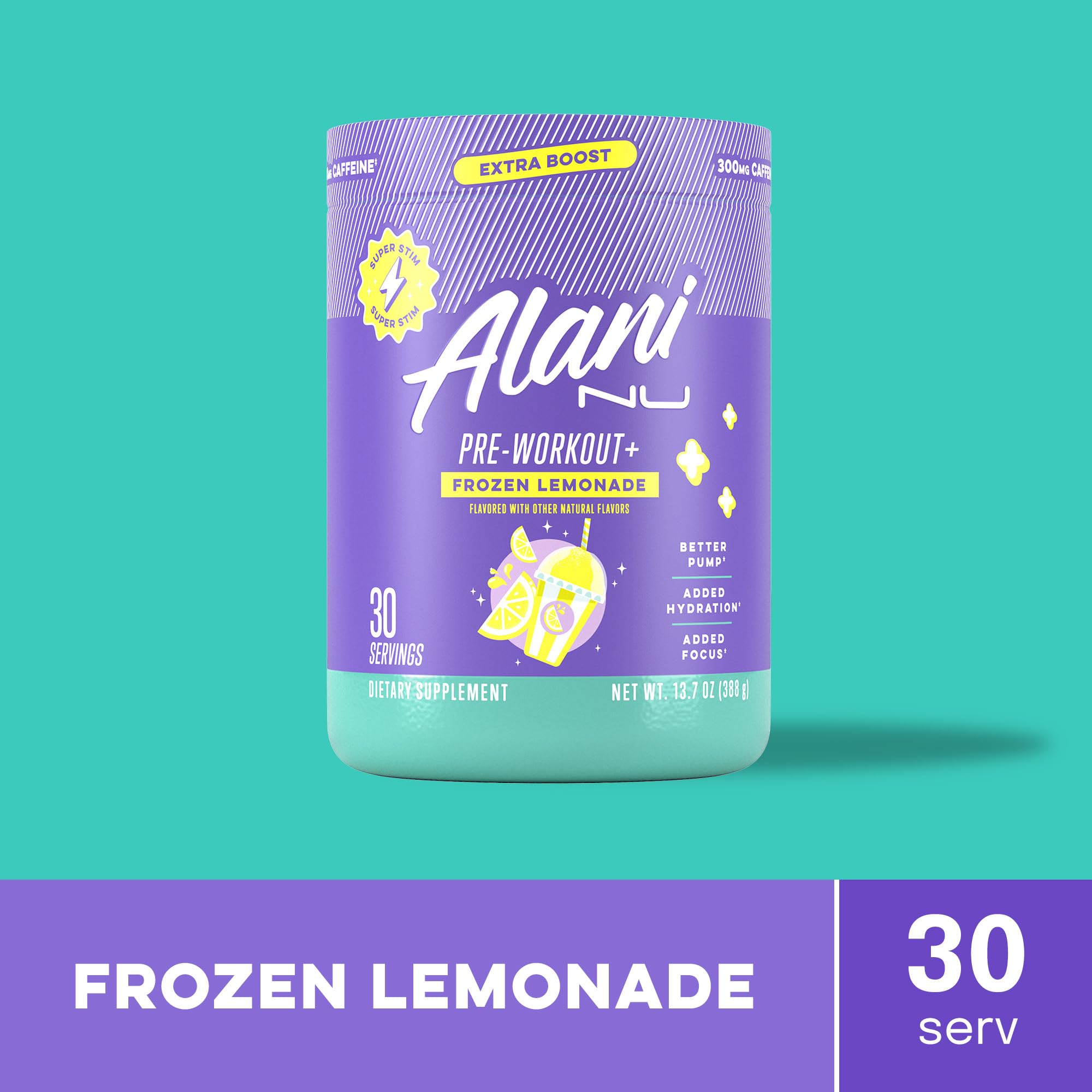 Alani Nu Pre Workout+ Powder Frozen Lemonade, Extra Boost, Sugar Free, 300mg Caffeine, L-Theanine, Beta-Alanine, Citrulline, 30 Servings Alani Nu buy australia supplements