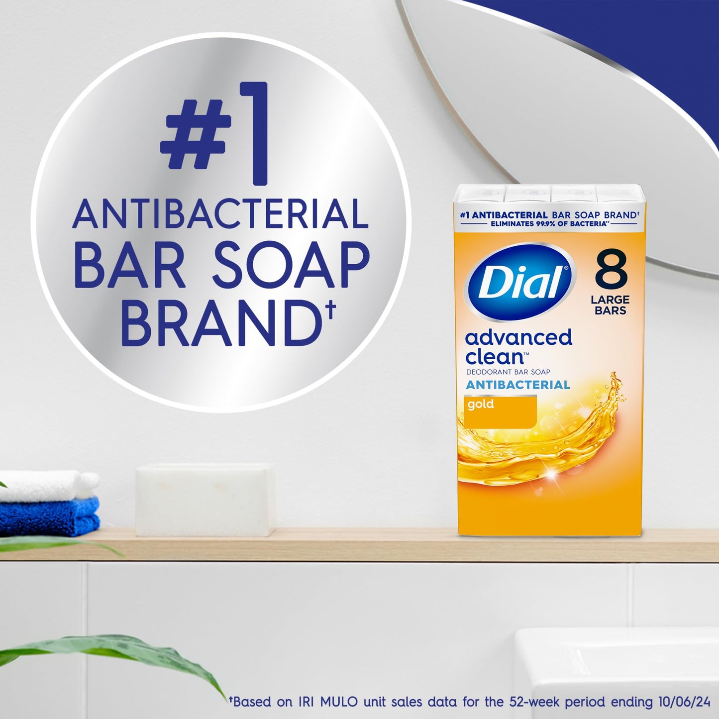 Dial Antibacterial Deodorant Bar Soap, Advanced Clean Gold, 4 Oz, 32 Bars, Round the Clock Odor Protection Dial