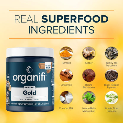 Organifi: Gold - Superfood Supplement Powder - 30 Servings - Stress Support, Better Rest, Relaxation and Promotes Restful Sleep - Turmeric and Reishi Infused Gsupps Australia