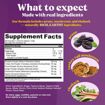 Fungiments Super Prune - Mushroom Supplement - Turkey Tail Mushrooms, Fiber, Rhubarb, Prunes, Ginger, Chamomile - Debloating, Constipation Relief Fungiments