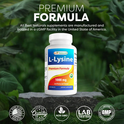 Best Naturals L-Lysine 1000mg 180 Tablets - Double Strength Lysine for stronger immune health & cold sores Best Naturals
