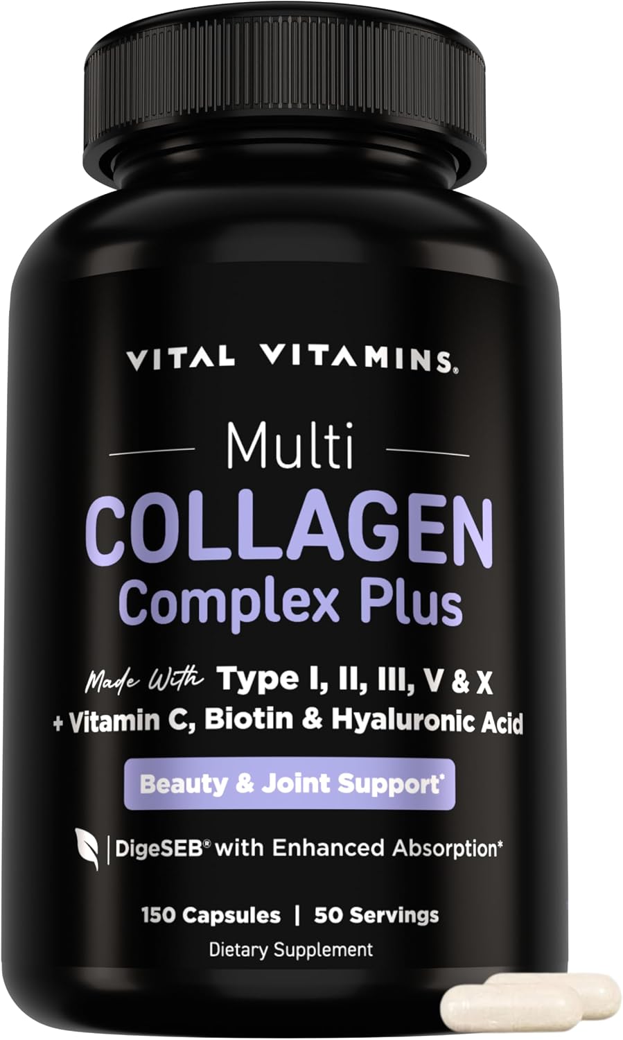 Vital Vitamins Multi Collagen Complex Plus Biotin, Hyaluronic Acid & VIT. C | Hair, Skin, & Nails Supplements for Women and Men, 5 Collagen Types I II III V & X, 150 Capsules Gsupps Australia