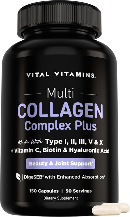 Vital Vitamins Multi Collagen Complex Plus Biotin, Hyaluronic Acid & VIT. C | Hair, Skin, & Nails Supplements for Women and Men, 5 Collagen Types I II III V & X, 150 Capsules Gsupps Australia