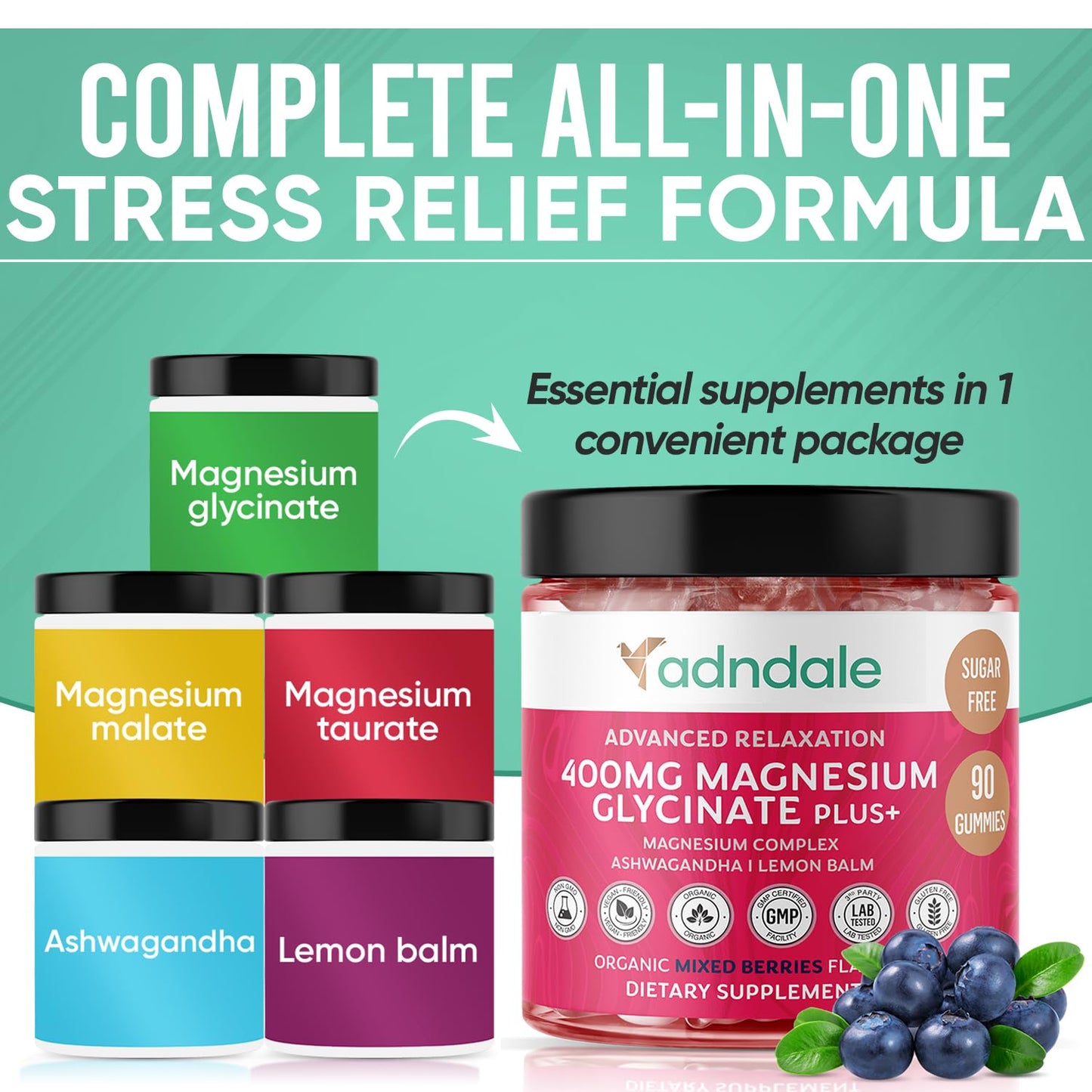 Adndale 180 CT Magnesium Glycinate Gummies 400 mg/Serv with Ashwagandha, Magnesium Malate & Taurate Adndale