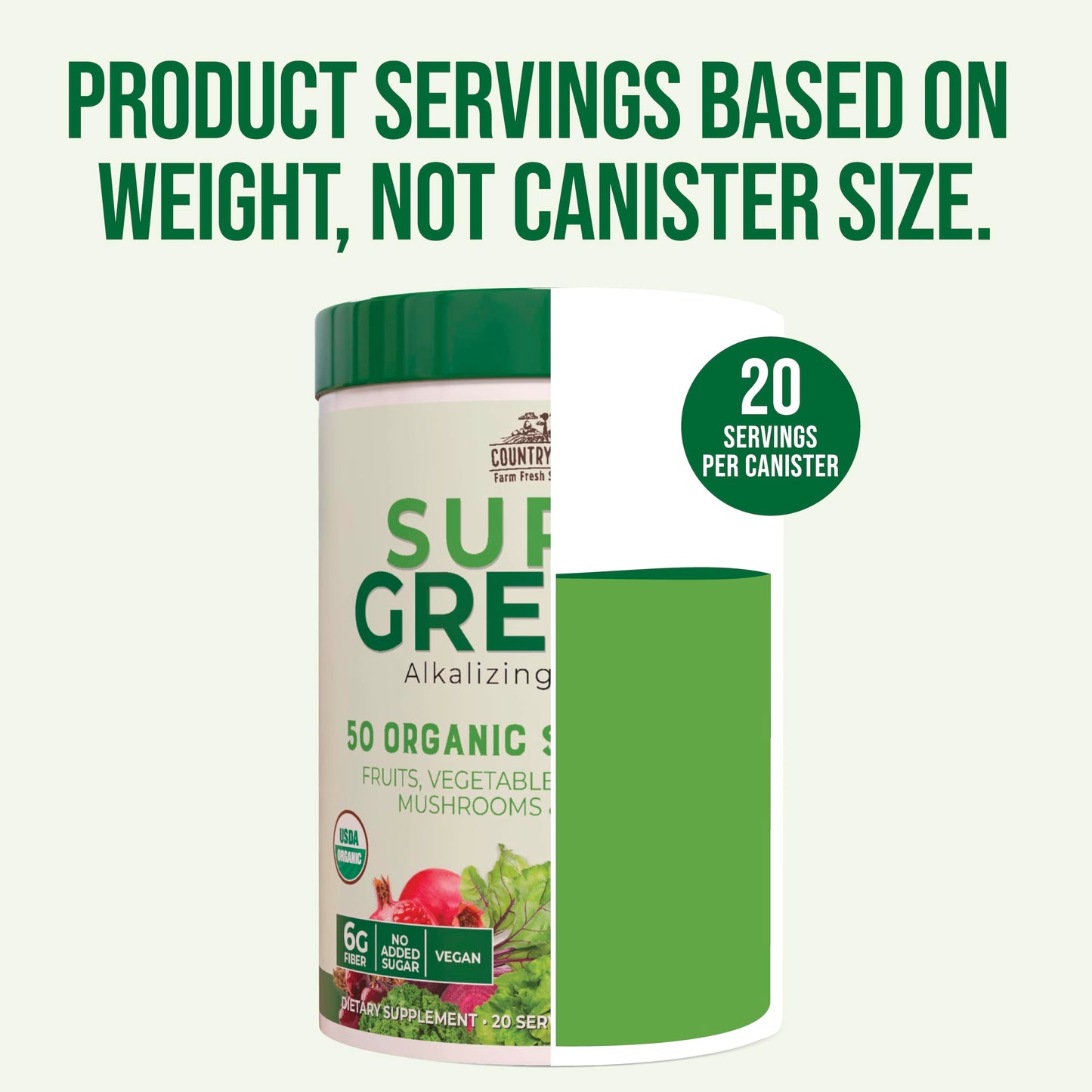 Country Farms Organic Super Greens Natural Flavor, 50 Organic Super Foods, Packed with Fiber, USDA Organic Drink Mix, Fruits, Vegetables, Mushrooms & Probiotics Country Farms