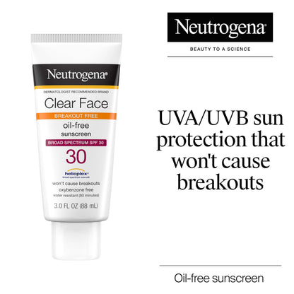 Neutrogena Clear Face Sunscreen for Acne-Prone Skin SPF 30, Broad Spectrum Facial Sunscreen Lotion, Lightweight, Non Comedogenic, Oil-, Fragrance- & Oxybenzone Neutrogena