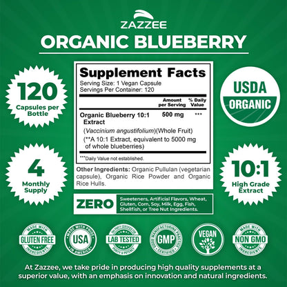 Zazzee USDA Organic Blueberry 10:1 Extract, 120 Capsules, 4 Month Supply | Vegan, Whole Fruit, Vaccinium Angustifolium, Antioxidant & Cellular Health Support, Herbal Supplement, Non-GMO, Made in USA Gsupps Australia