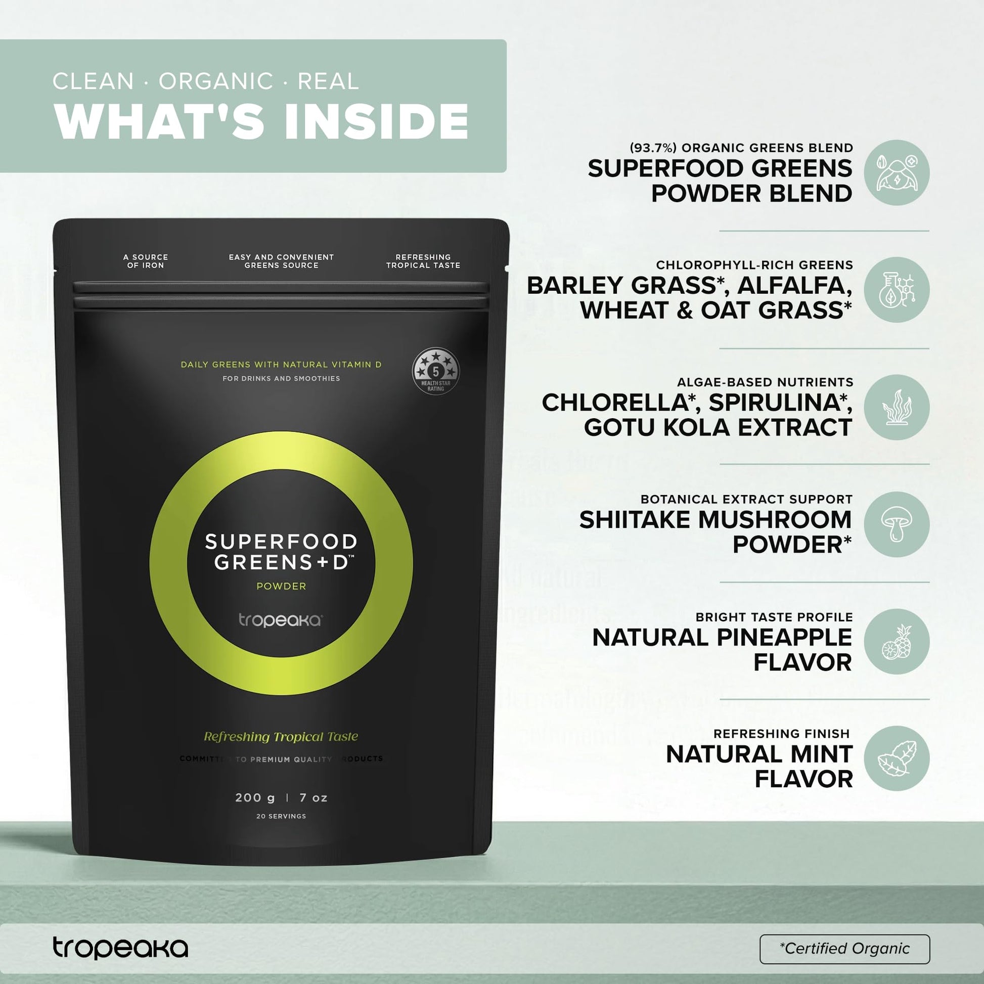 Tropeaka Superfood Greens + D - Antioxidant Green Powder for Energy, Immune System, & Gut Health, Rich in Chlorophyll & Essential Nutrients, Vitamin D, Vegan, Gluten Free, Non-GMO - 7oz (20 Servings) Tropeaka buy australia supplements