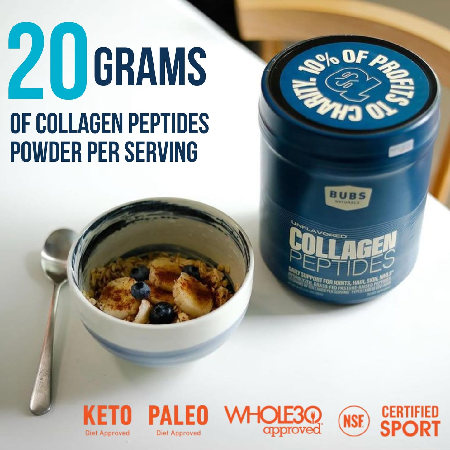 BUBS Naturals Collagen Peptides Powder, Collagen for Women & Men, Hydrolyzed Peptides, Unflavored Pasture Raised Grass Fed, Paleo Keto Friendly BUBS Naturals