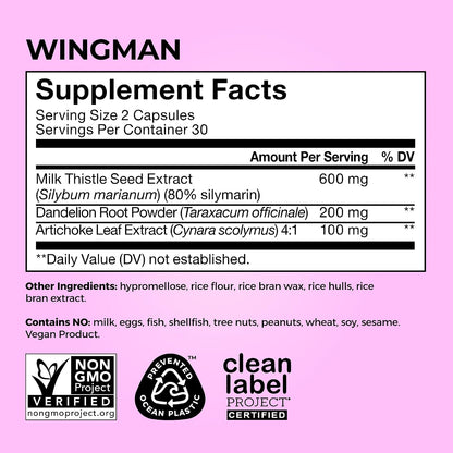 HUM Wing Man Liver Support Supplement with Milk Thistle, Dandelion Root Powder & Artichoke Leaf Extract For Liver Health & Function Support, Milk Thistle Supplement Helps Flush Out Toxins, 60 Capsules