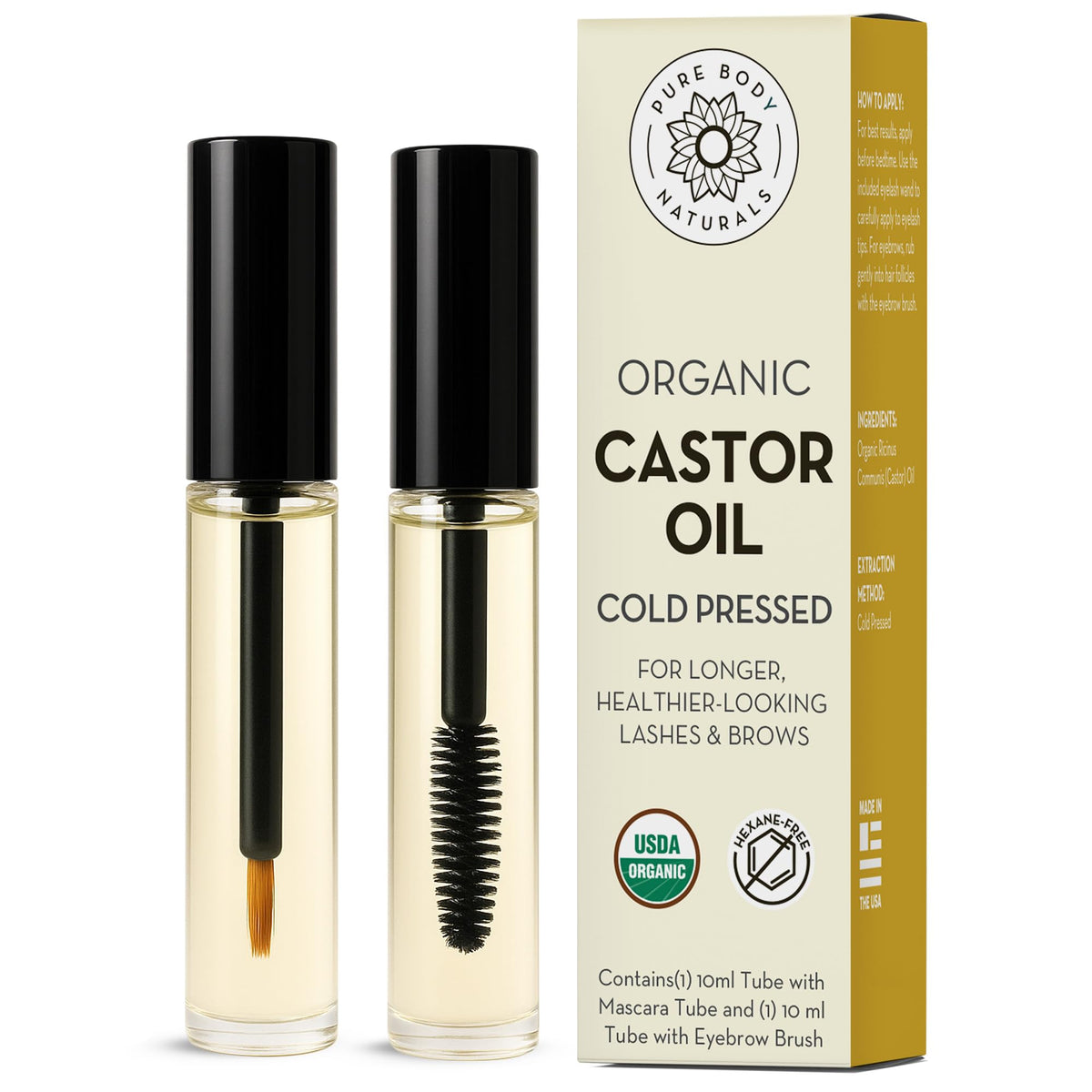 Castor Oil for Eyelashes & Eyebrows, Lash & Brow Serum, 2 x 10 ml Pure Body Naturals