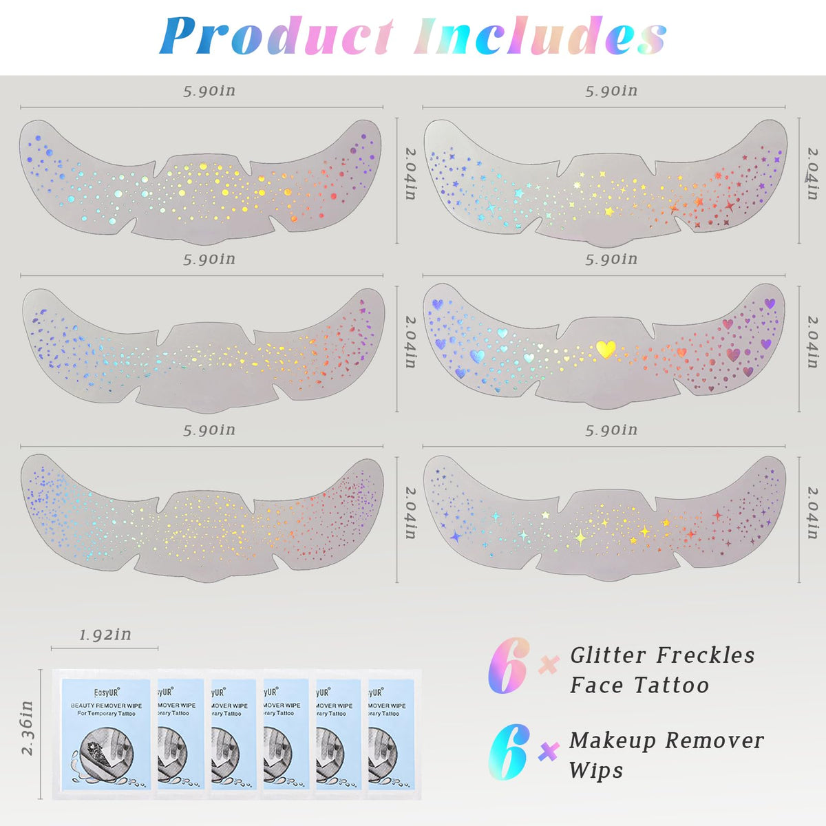 HOSAILY 6pcs Holographic Glitter Freckles Face Tattoo for Rave Accessories HOSAILY