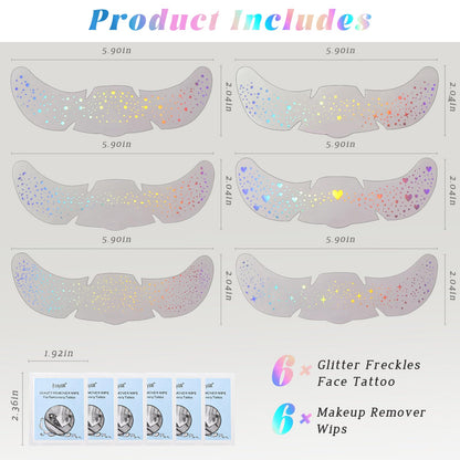 HOSAILY 6pcs Holographic Glitter Freckles Face Tattoo for Rave Accessories HOSAILY
