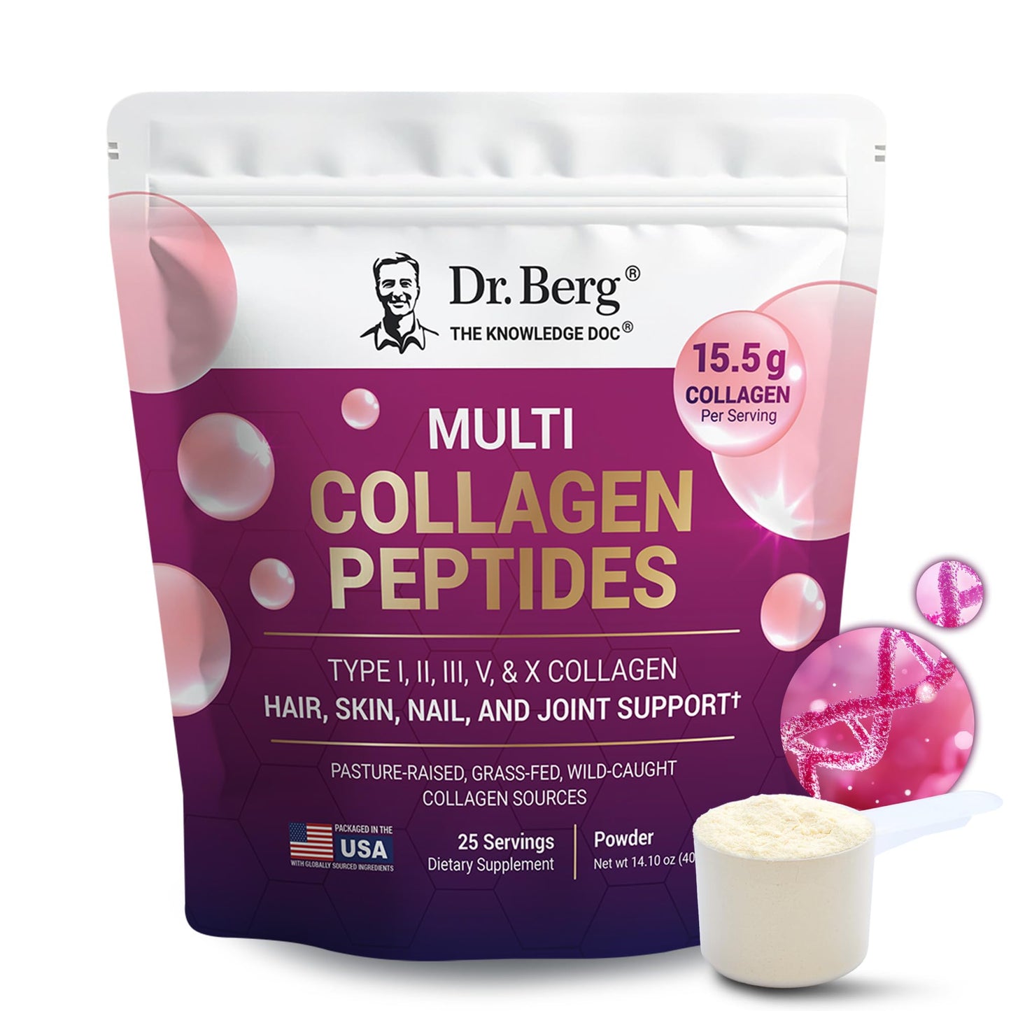 Dr. Berg Multi Collagen Peptides Powder Types I, II, III, V, X - Unflavored Collagen Powder w/ 14 g of Protein - Grass-Fed Dr. Berg Nutritionals