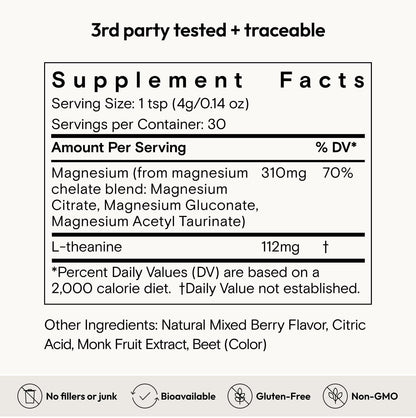 Moon Juice Magnesi-Om Magnesium Powder Supplement - Chelated Magnesium Complex + L-Theanine Blend for Rest, Relaxation & Regularity - Vegan, Non-GMO & No Sugar, Berry, 4.2 oz, 30 Servings