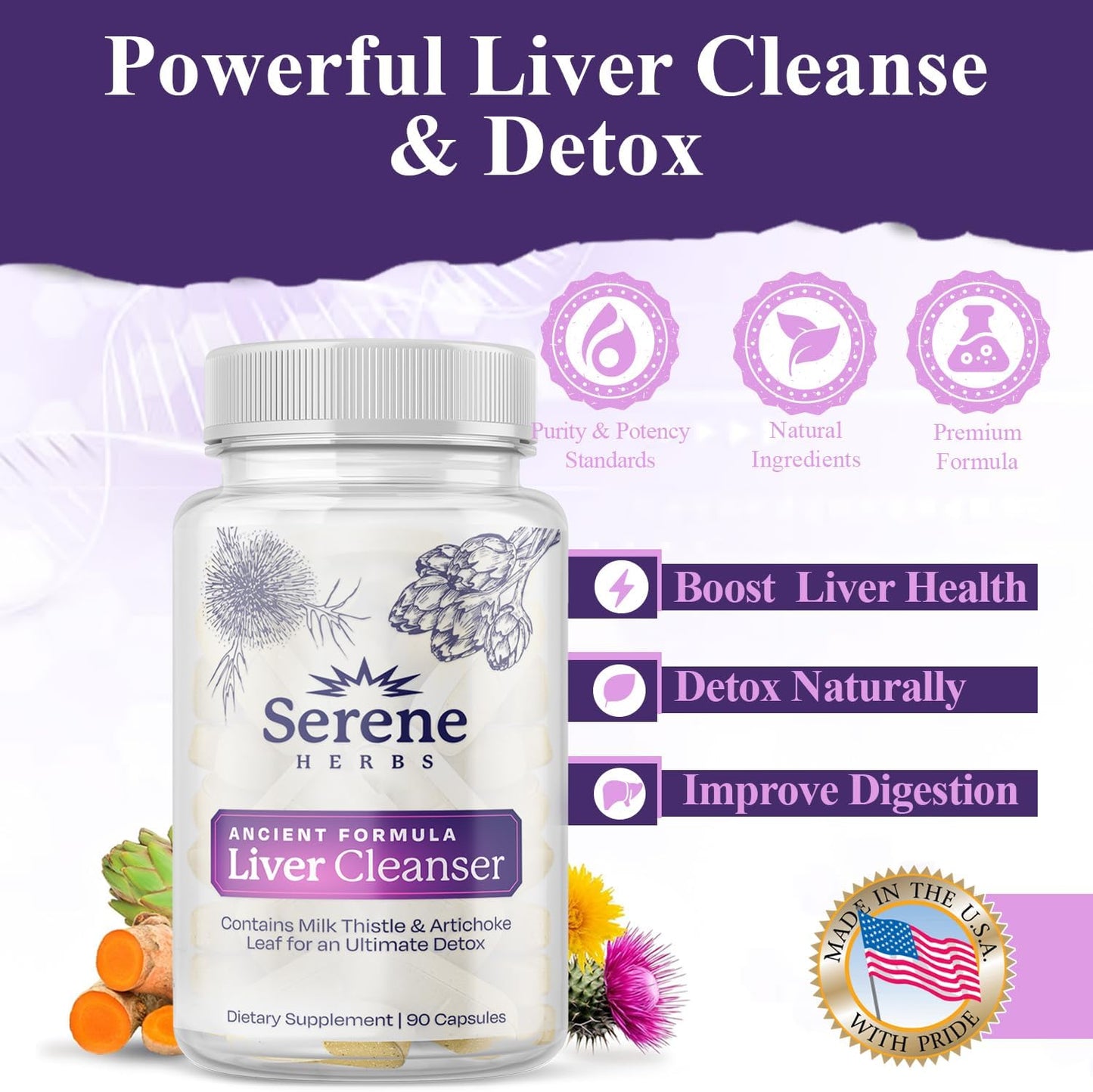 Serene Herbs Liver Cleanse Detox & Repair Formula – Pure Health Liver Support with Milk Thistle, Artichoke & Dandelion Root for Fatty Liver & Liver Health Herbal Detox Supplement Capsules (60 Count)