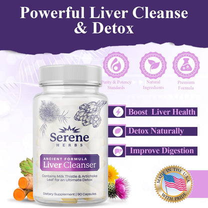 Serene Herbs Liver Cleanse Detox & Repair Formula – Pure Health Liver Support with Milk Thistle, Artichoke & Dandelion Root for Fatty Liver & Liver Health Herbal Detox Supplement Capsules (60 Count)