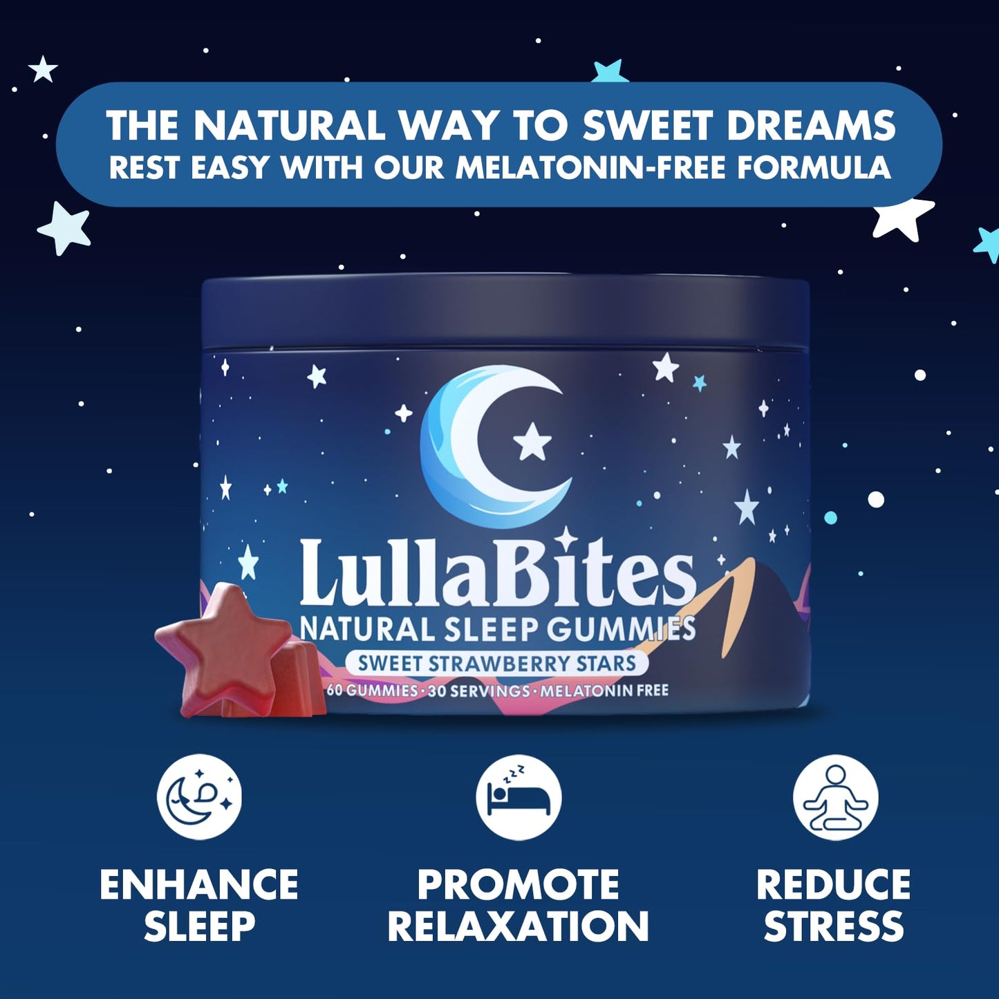 LullaBites - Natural Sleep Gummies - Made in USA - With 5-HTP, L-Theanine, Magnesium & Valerian Root - Melatonin Free - Vegan - Halal - Sugar, Gluten Free - Sweet Strawberry LullaBites