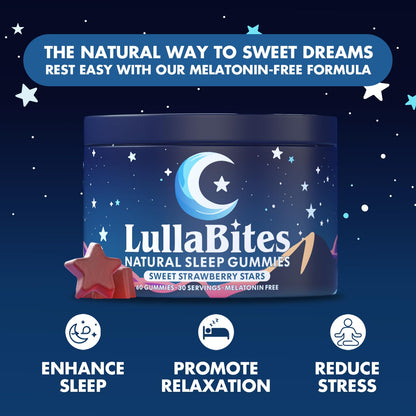 LullaBites - Natural Sleep Gummies - Made in USA - With 5-HTP, L-Theanine, Magnesium & Valerian Root - Melatonin Free - Vegan - Halal - Sugar, Gluten Free - Sweet Strawberry LullaBites