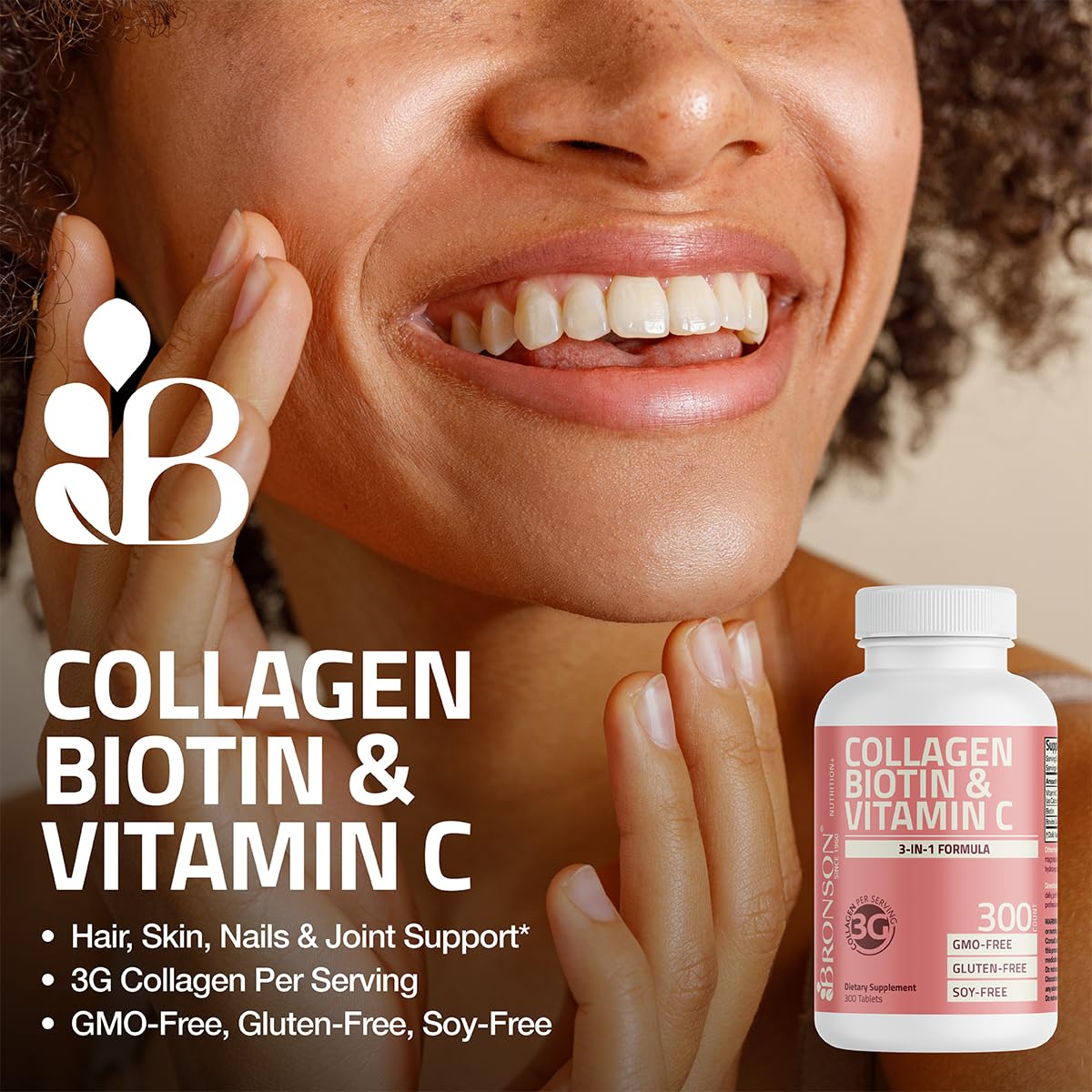 Bronson Collagen Peptides 3000mg (per Serving) with Biotin & Vitamin C - for Hair, Skin & Nails Support, Non-GMO, 90 Tablets Bronson