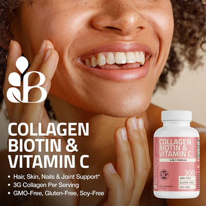 Bronson Collagen Peptides 3000mg (per Serving) with Biotin & Vitamin C - for Hair, Skin & Nails Support, Non-GMO, 90 Tablets Bronson