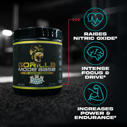 Gorilla Mode Base Pre Workout - Raises Nitric Oxide · Intense Focus & Drive · Endurance · Power - L-Citrulline, L-Tyrosine, Betaine, Alpha-GPC, Caffeine, Huperzine A - 234g (Mouthwatering Watermelon)