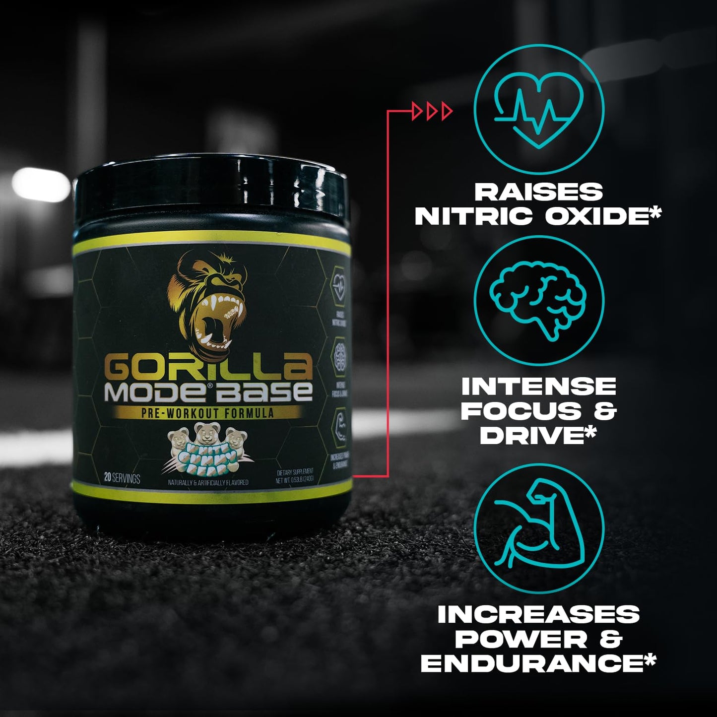 Gorilla Mode Base Pre Workout - Raises Nitric Oxide · Intense Focus & Drive · Endurance · Power - L-Citrulline, L-Tyrosine, Betaine, Alpha-GPC, Caffeine, Huperzine A - 234g (Mouthwatering Watermelon)