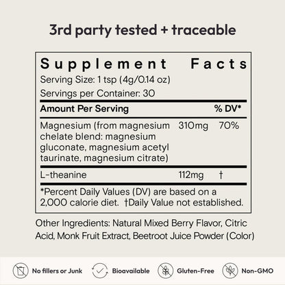 Moon Juice Magnesi-Om Magnesium Powder Supplement - Chelated Magnesium Complex + L-Theanine Blend for Rest, Relaxation & Regularity - Vegan, Non-GMO & No Sugar, Berry, 4.2 oz, 30 Servings
