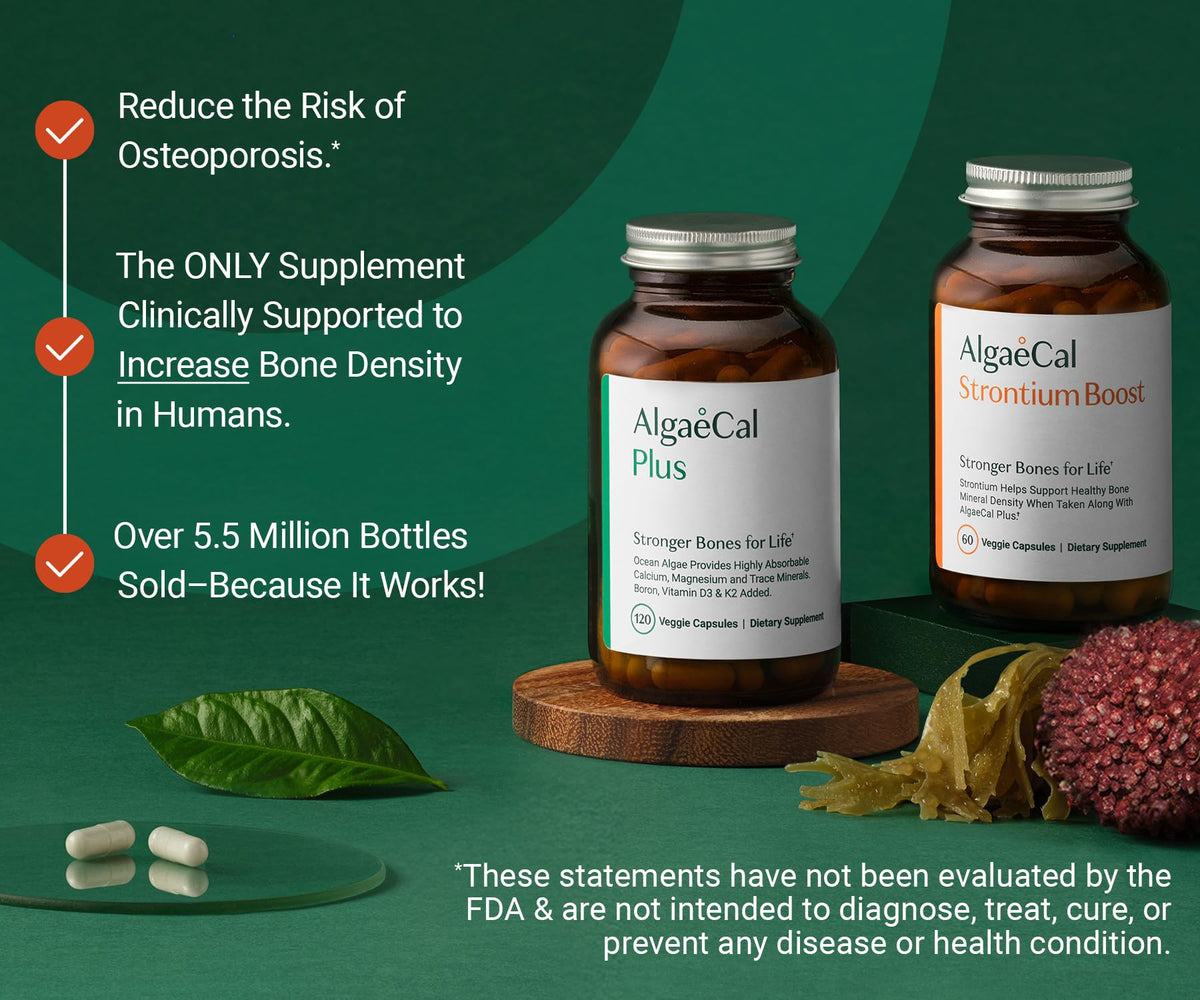 ALGAECAL Bone Builder Pack - Plant Based Calcium Supplement & Strontium - Organic Calcium 750mg with Vitamin D3 1600 IU, Vitamin K2, Magnesium ALGAECAL