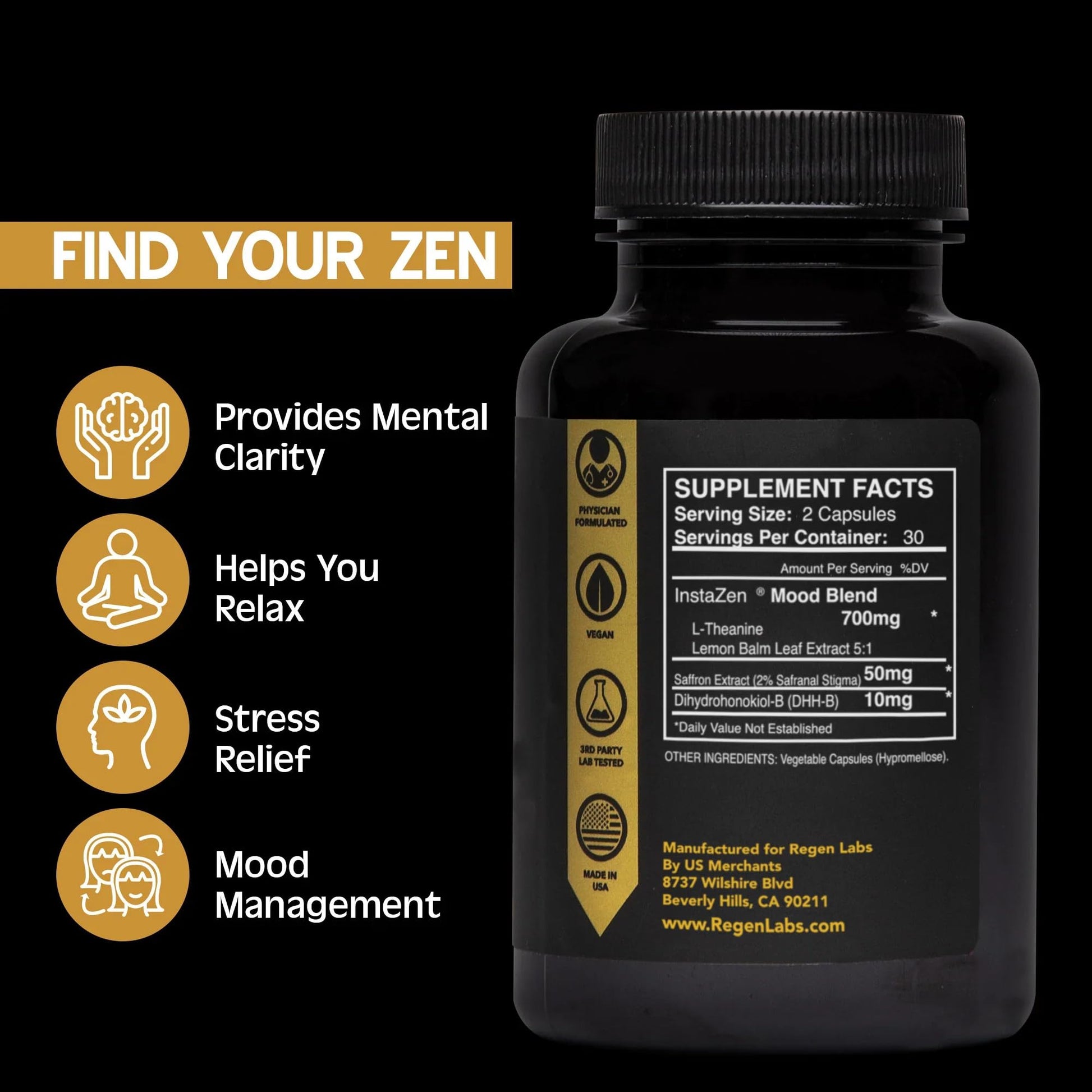 InstaZen Natural Stress Relief Supplement Mood Support | Doctor Formulated Herbal Calm Formula with DHHB, Safranal Extract, L-Theanine, Lemon Balm | Stress Support - 60 Capsules Regen Labs Regen Labs buy australia supplements