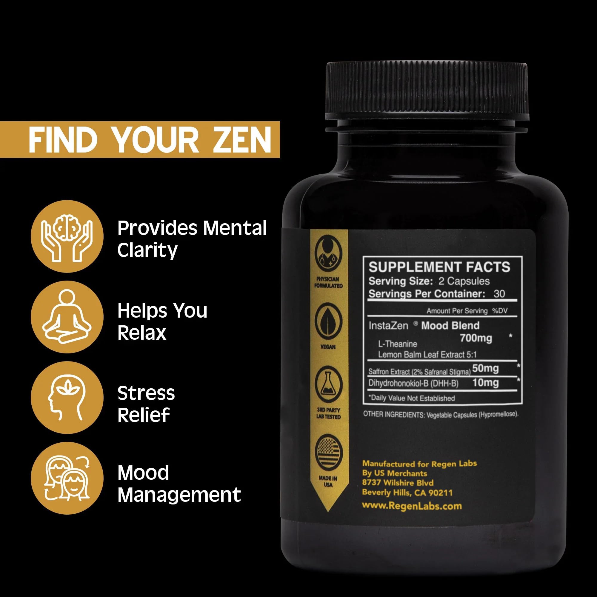 InstaZen Natural Stress Relief Supplement Mood Support | Doctor Formulated Herbal Calm Formula with DHHB, Safranal Extract, L-Theanine, Lemon Balm | Stress Support - 60 Capsules Regen Labs Regen Labs buy australia supplements