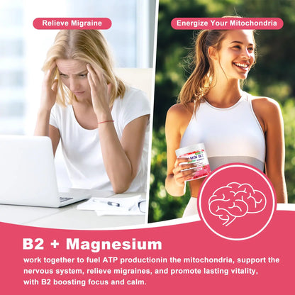 Vitamin B2 Gummies Riboflavin 400mg Supplement with Magnesium for Kids & Adults B2 Gummies for Migraine Relief, Headache Relief & Nervous System Support OUYIYUA