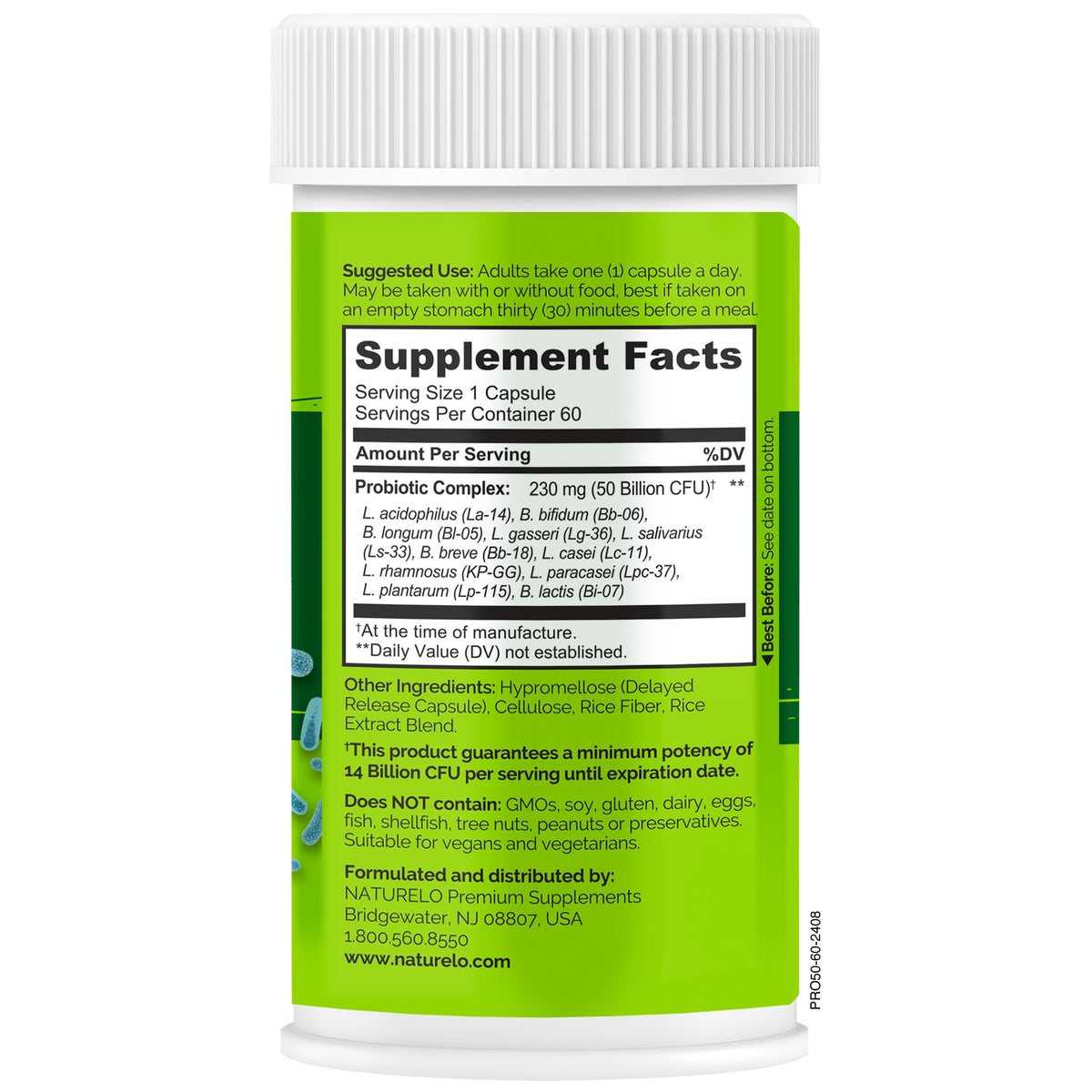 NATURELO Probiotics for Digestive Health - 50 Billion CFU, 11 Strains, Daily Use Supplement - Boosts Immune System, Delayed Release, NATURELO
