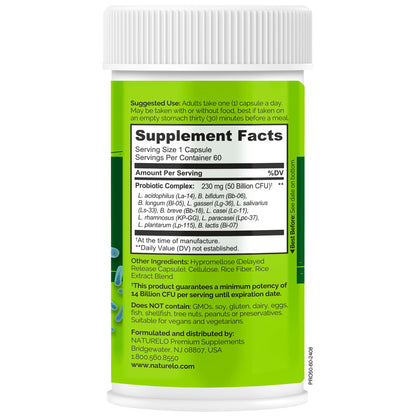 NATURELO Probiotics for Digestive Health - 50 Billion CFU, 11 Strains, Daily Use Supplement - Boosts Immune System, Delayed Release, NATURELO